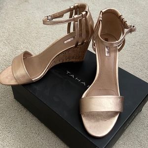 Tahari women’s rose gold espadrille wedge heel.